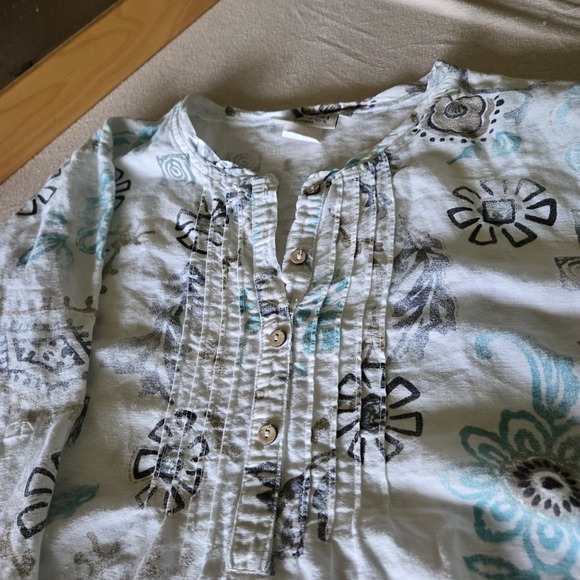 Orchadia Tops - Orchadia Tunic Womens 1X White Blue Linen Blend Floral Pintuck Henley